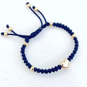 Stainless Steel Golden Puffed Heart Ajustable Macrame Bracelet Navy Blue